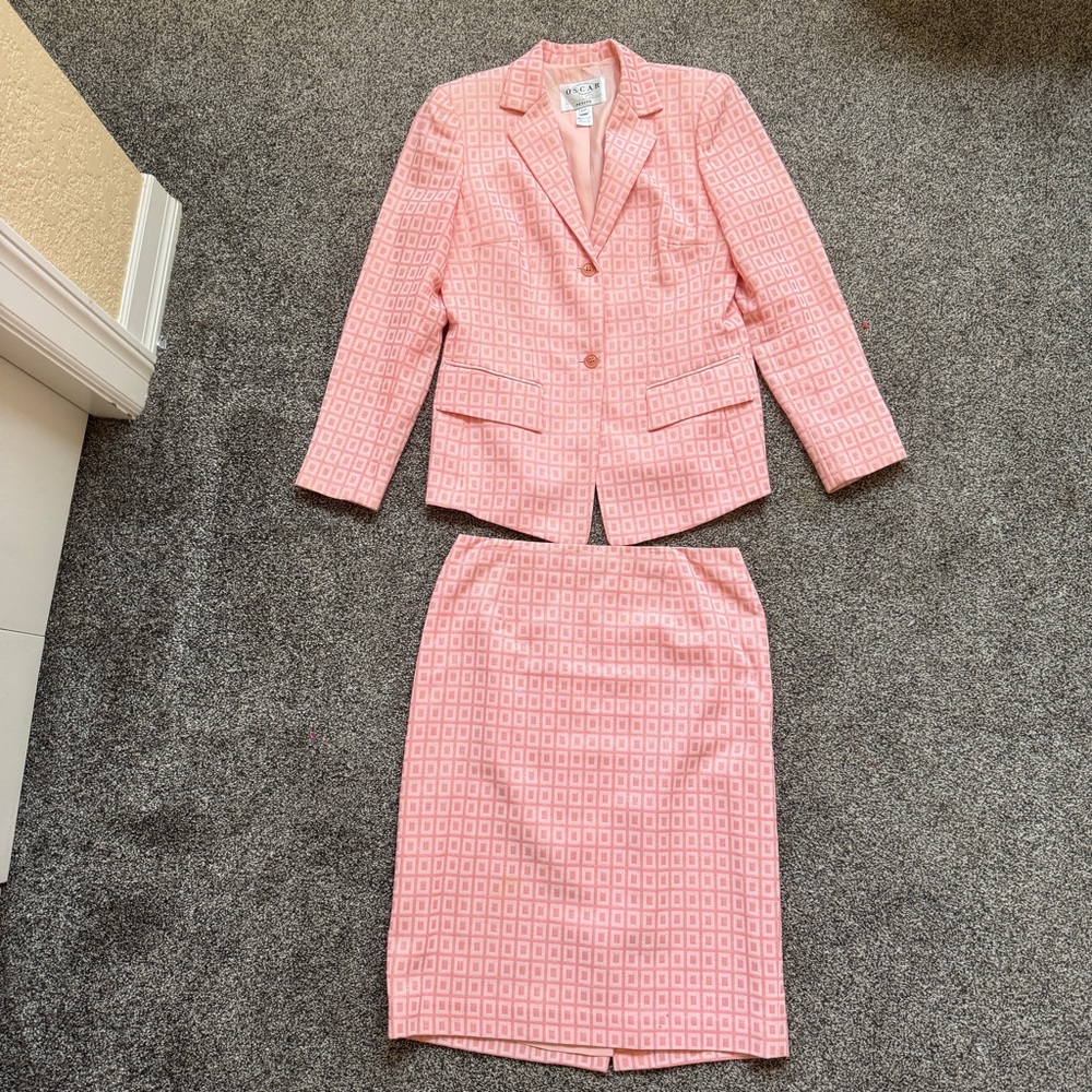 Vintage Oscar de la Renta Shimmer Pink Checkered Suit Jacket and Skirt Set Sz 6